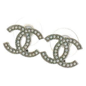 Chanel Rhinestone CC Logo Earrings Silver